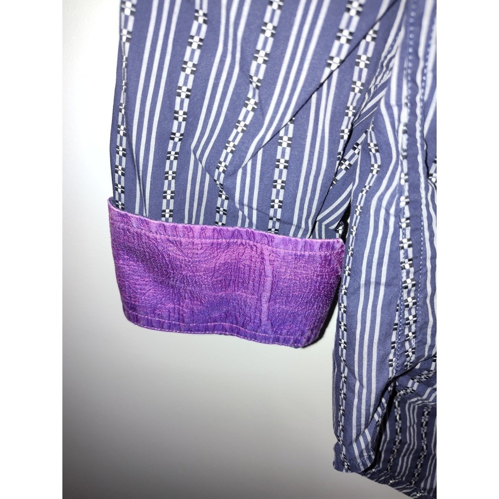 Robert Graham Mens Blue White Striped Button Down Shirt Purple Cuffs Size XL - Picture 10 of 12